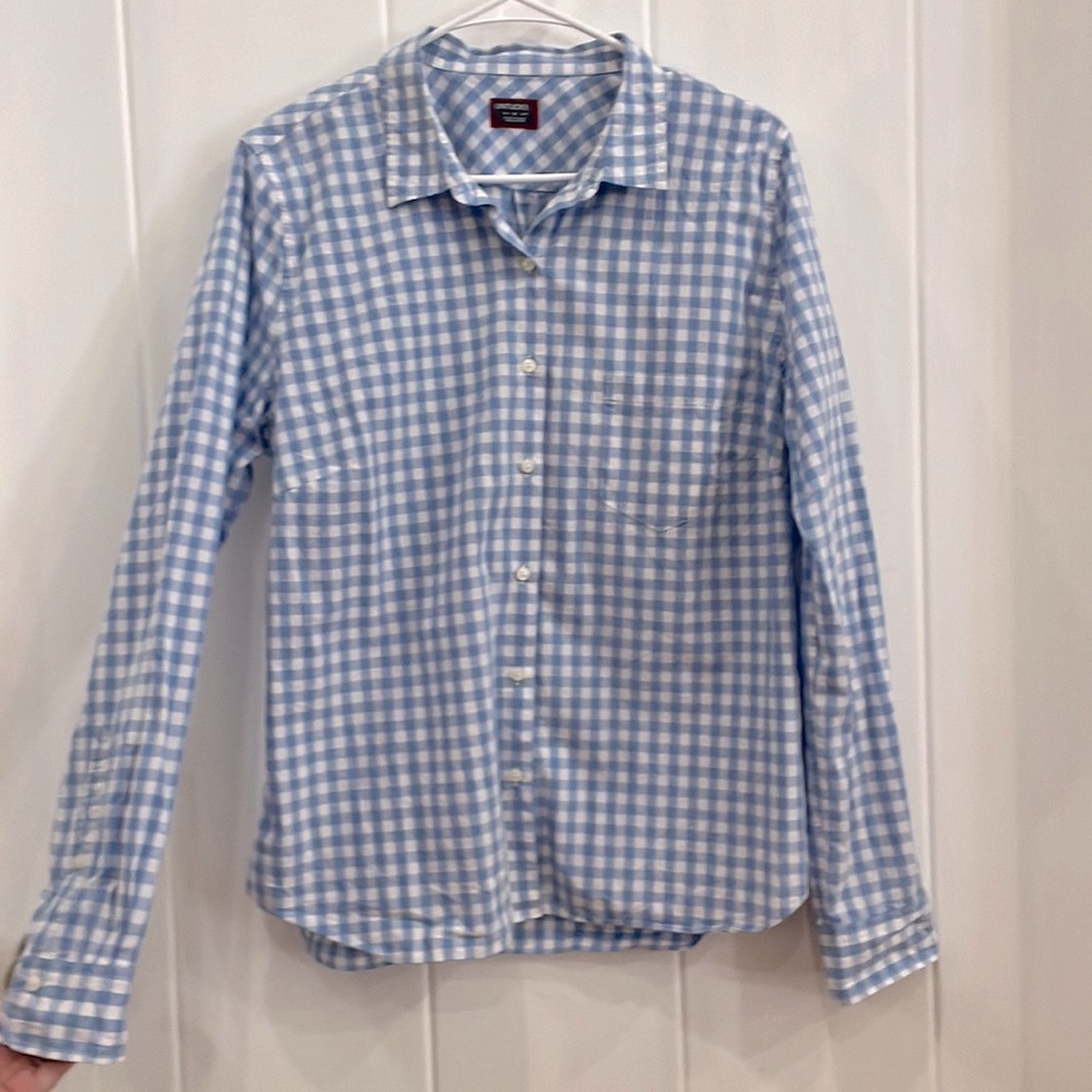 UNTUCKit Women’s Blue and White Plaid Long Sleeve Button-Down Shirt Size 14
